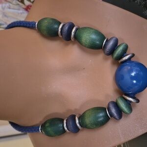 Vintage Aarikka Finnish Blue Green Wooden Beaded Braided Chunky Choker Necklace